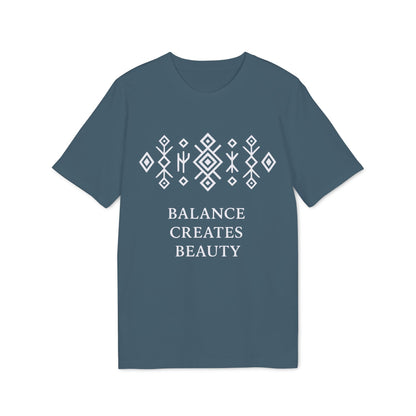 Alt Tag: Balance Creates Beauty Mystic Origin Camiseta Premium Unisex azul con gráfico, estampado geométrico blanco y texto “Balance Creates Beauty”