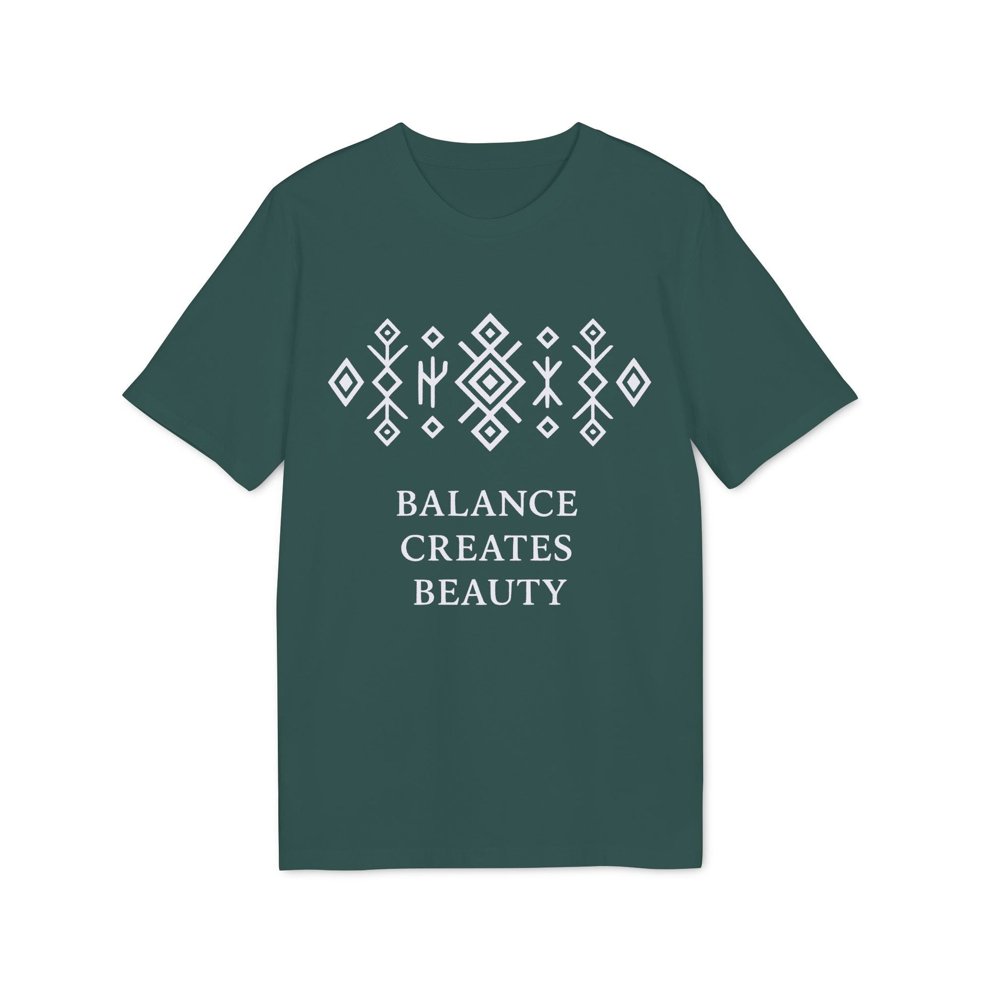 Balance Creates Beauty Mystic Origin Camiseta Premium Unisex en verde oscuro con texto “BALANCE CREATES BEAUTY” y patrón geométrico blanco