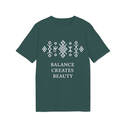 Balance Creates Beauty Mystic Origin Camiseta Premium Unisex en verde oscuro con texto “BALANCE CREATES BEAUTY” y patrón geométrico blanco
