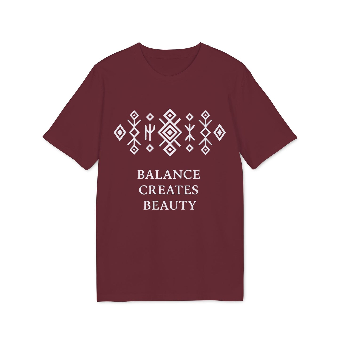 Balance Creates Beauty Mystic Origin Camiseta Premium Unisex color burdeos con patrón geométrico y texto “Balance Creates Beauty”