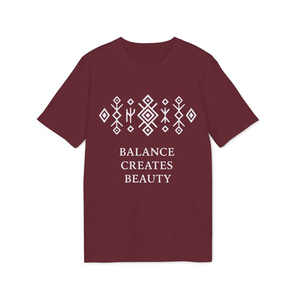 Balance Creates Beauty Mystic Origin Camiseta Premium Unisex color burdeos con patrón geométrico y texto “Balance Creates Beauty”