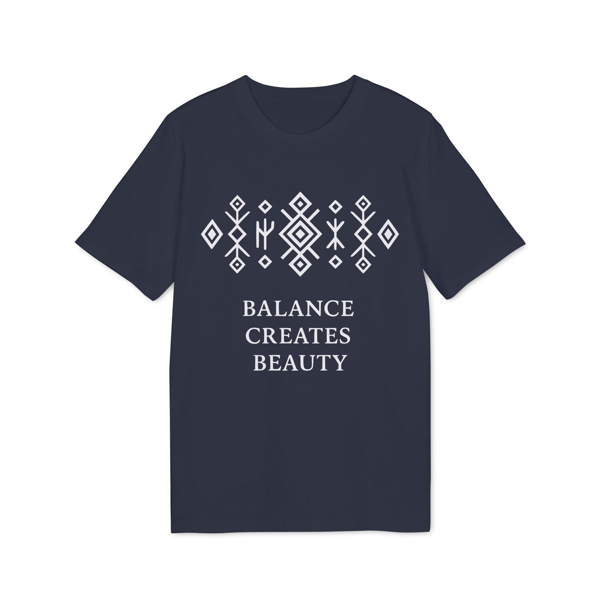 Alt Tag: Balance Creates Beauty Mystic Origin Camiseta Premium Unisex azul marino con diseño gráfico, patrón geométrico y texto “BALANCE CREATES BEAUTY”