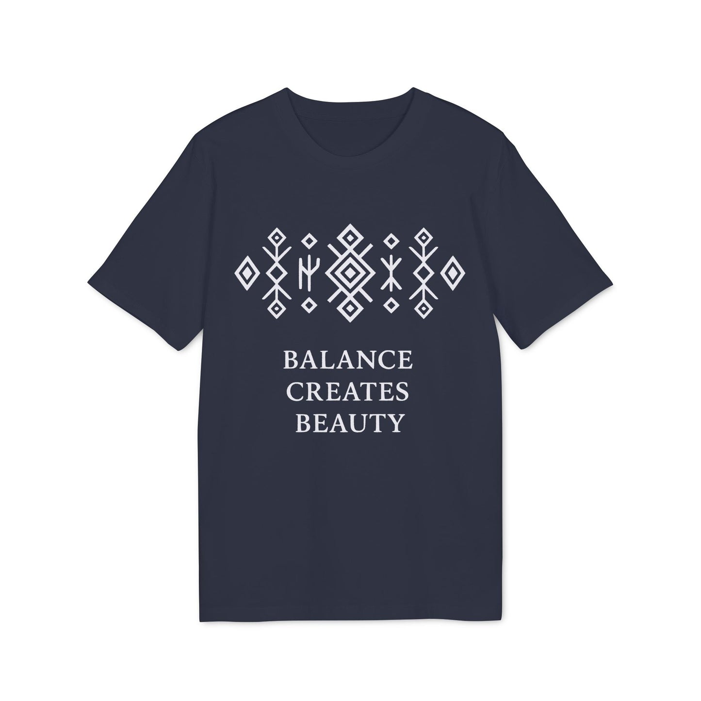 Alt Tag: Balance Creates Beauty Mystic Origin Camiseta Premium Unisex azul marino con diseño gráfico, patrón geométrico y texto “BALANCE CREATES BEAUTY”