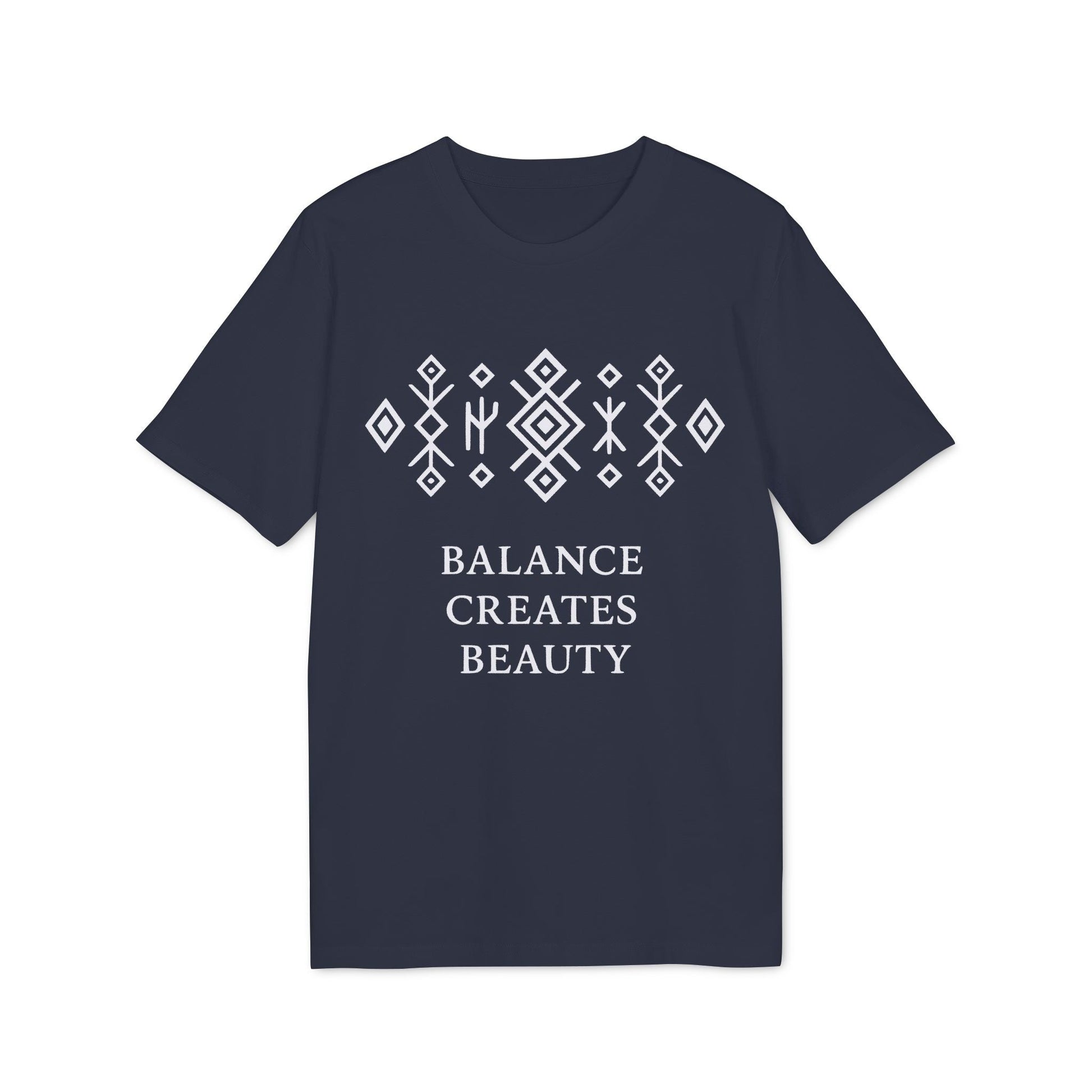 Alt Tag: Balance Creates Beauty Mystic Origin Camiseta Premium Unisex azul marino con diseño gráfico, patrón geométrico y texto “BALANCE CREATES BEAUTY”