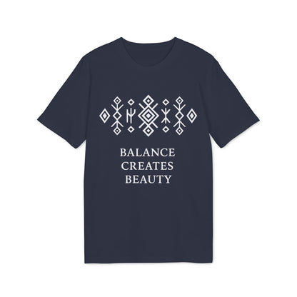 Alt Tag: Balance Creates Beauty Mystic Origin Camiseta Premium Unisex azul marino con diseño gráfico, patrón geométrico y texto “BALANCE CREATES BEAUTY”
