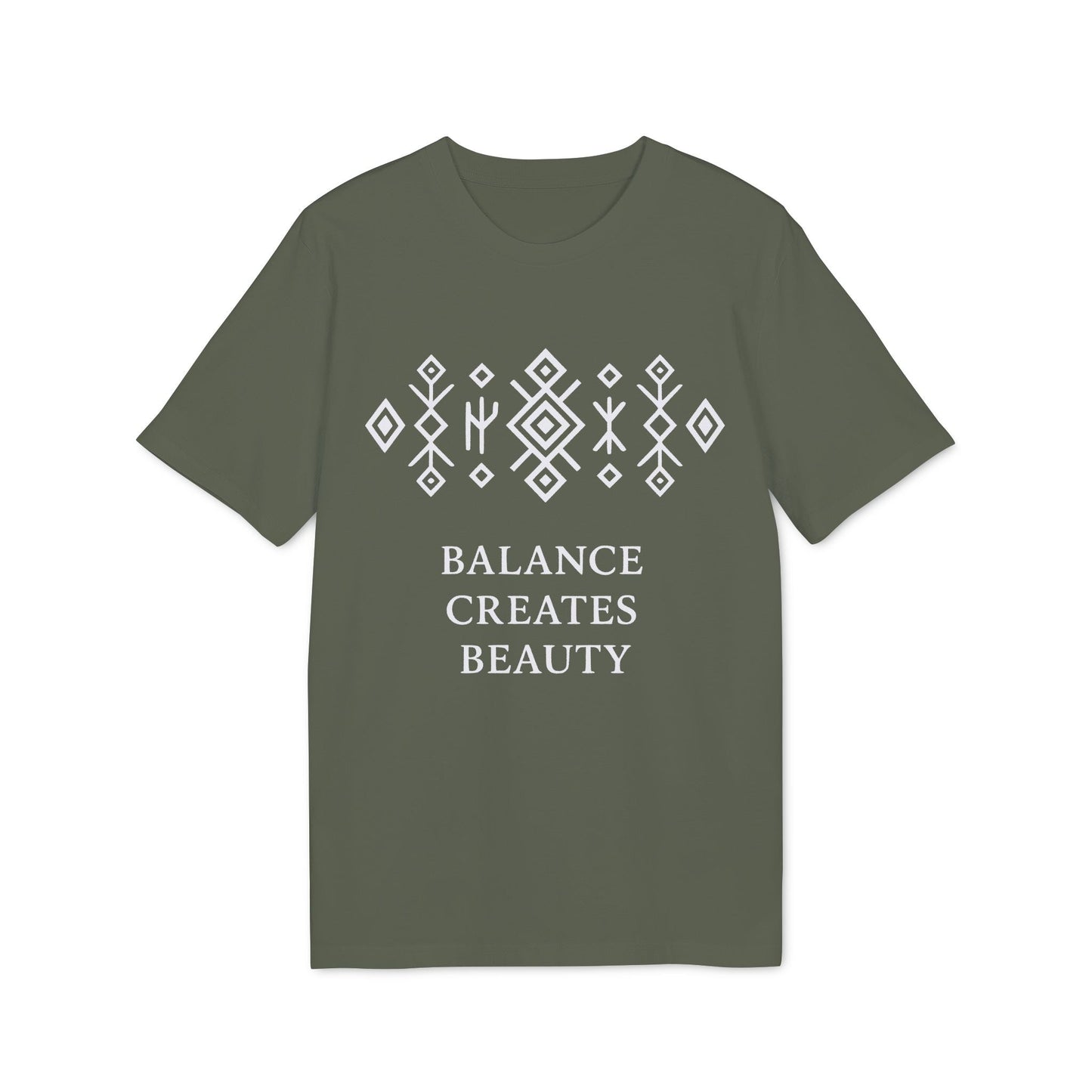Alt Tag: Balance Creates Beauty Mystic Origin Camiseta Premium Unisex oliva verde con patrón geométrico blanco y texto “Balance Creates Beauty”