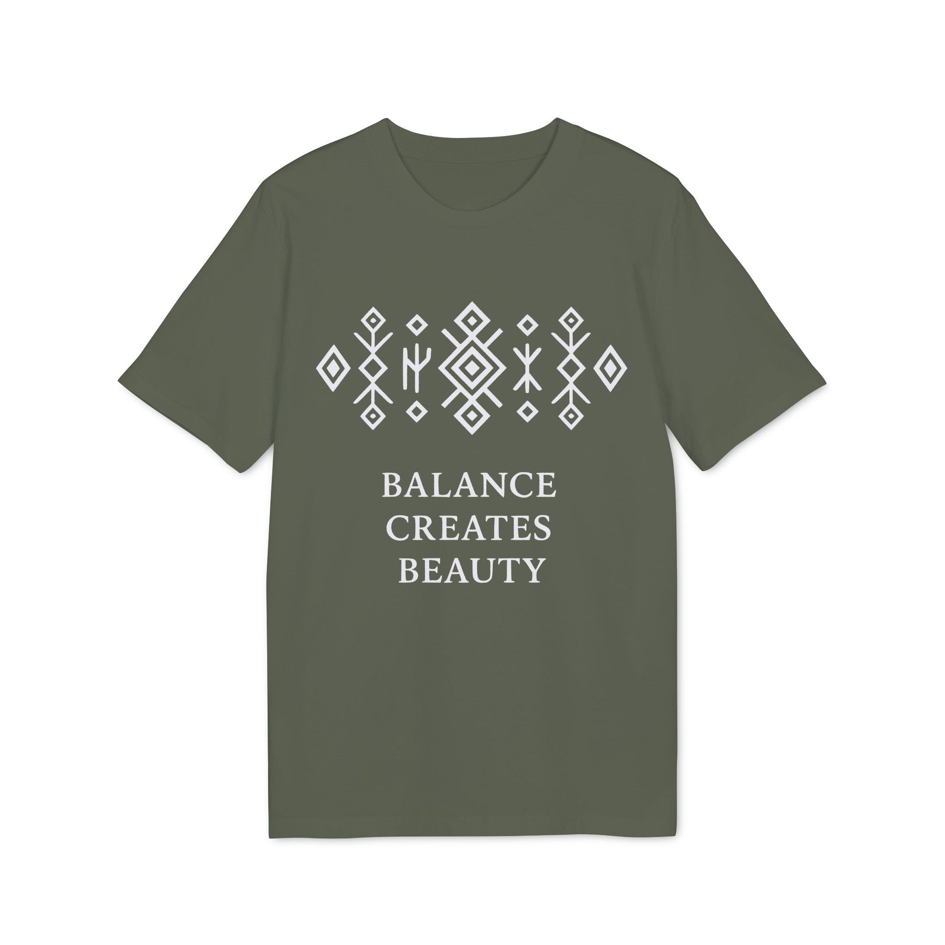 Alt Tag: Balance Creates Beauty Mystic Origin Camiseta Premium Unisex oliva verde con patrón geométrico blanco y texto “Balance Creates Beauty”