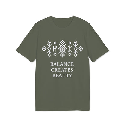 Alt Tag: Balance Creates Beauty Mystic Origin Camiseta Premium Unisex oliva verde con patrón geométrico blanco y texto “Balance Creates Beauty”