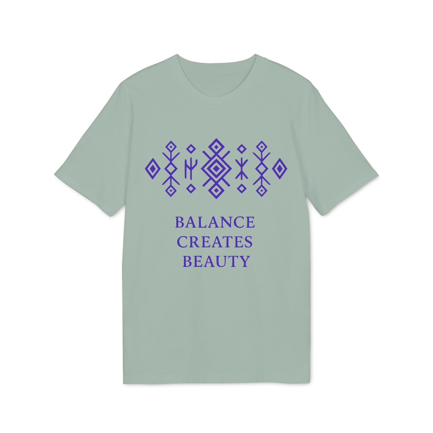Alt Tag: Balance Creates Beauty Mystic Origin Camiseta Premium Unisex en verde salvia con motivo geométrico morado y texto “Balance Creates Beauty”