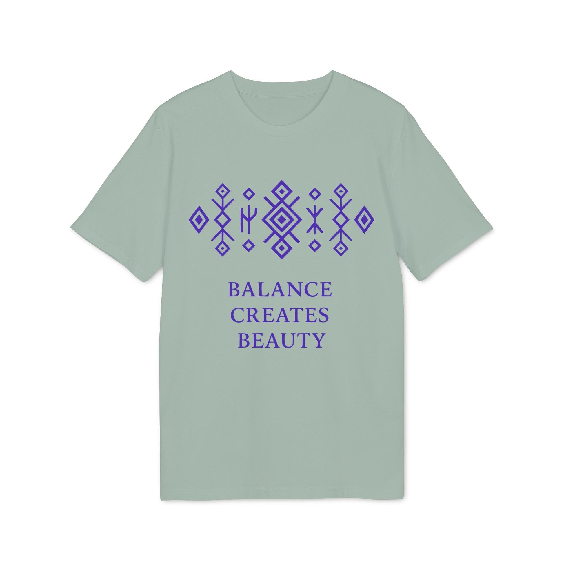 Alt Tag: Balance Creates Beauty Mystic Origin Camiseta Premium Unisex en verde salvia con motivo geométrico morado y texto “Balance Creates Beauty”