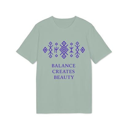 Alt Tag: Balance Creates Beauty Mystic Origin Camiseta Premium Unisex en verde salvia con motivo geométrico morado y texto “Balance Creates Beauty”