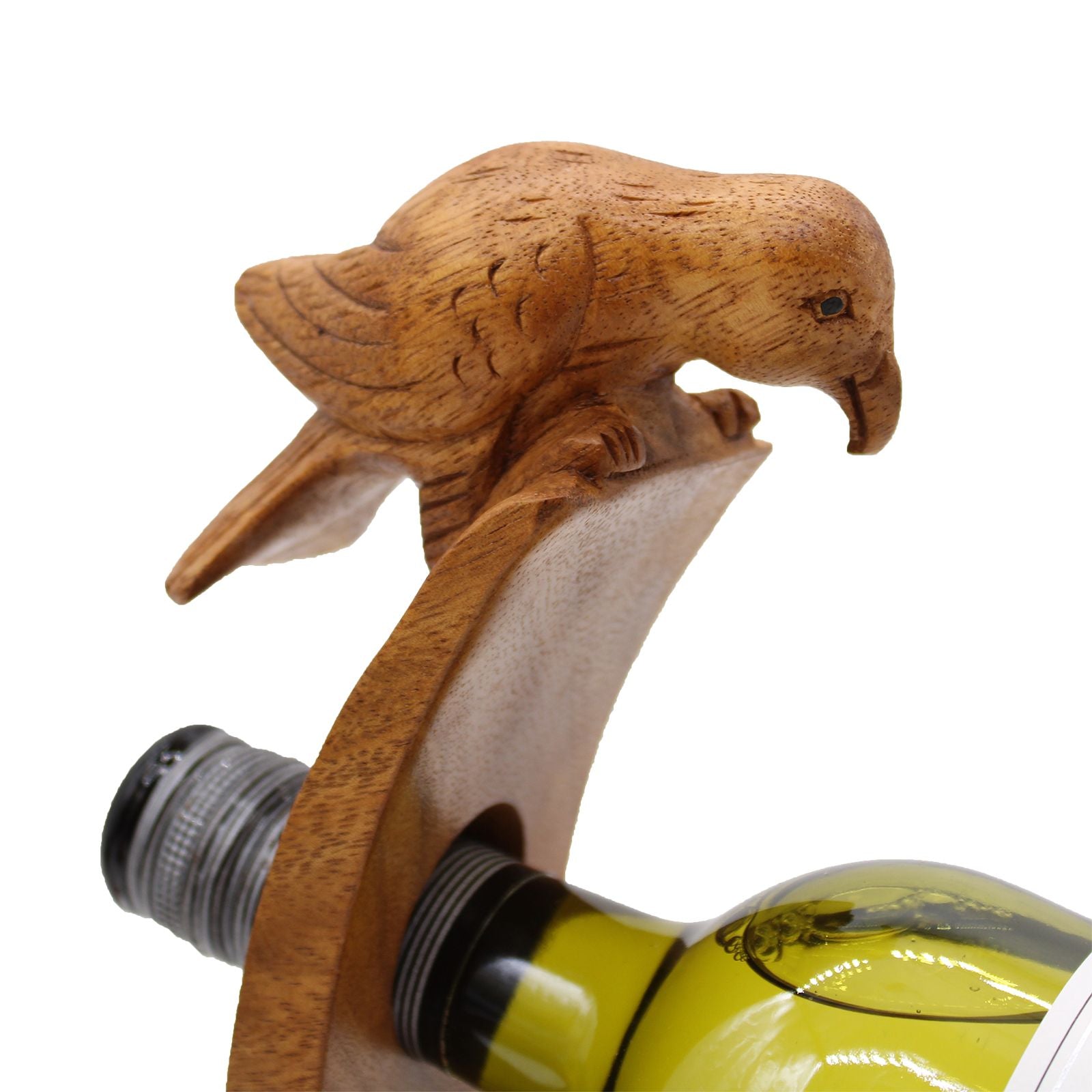Alt Tag: Balance Bottle Holder – Bird, handcrafted wooden bird-shaped wine bottle holder balancing a single bottle on display