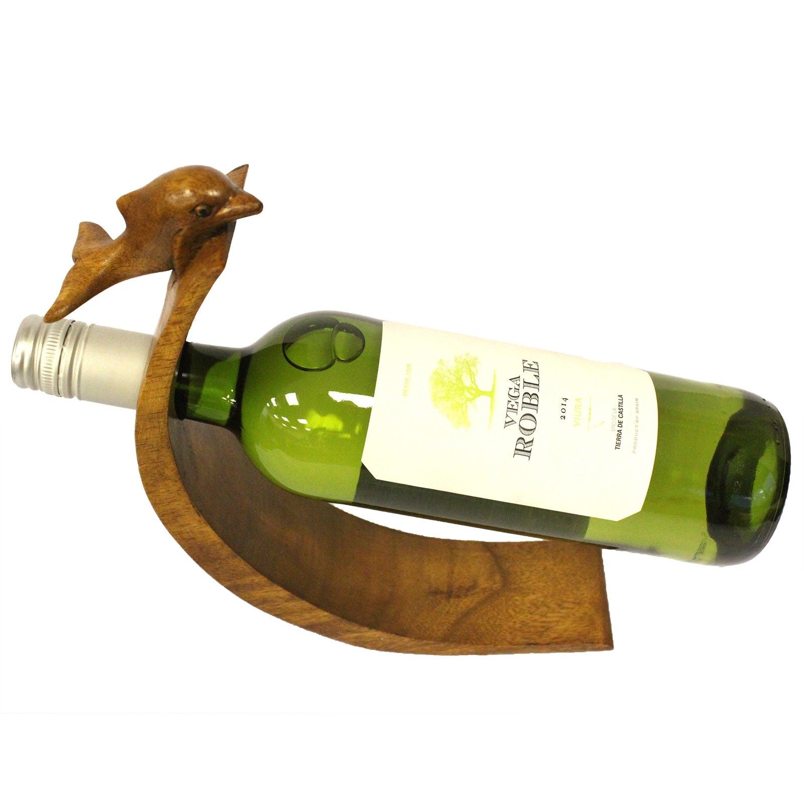 Alt Tag: Balance Bottle Holder – Dolphin i hållbart trä med delfindesign, balansställ för en vinflaska i svävande position