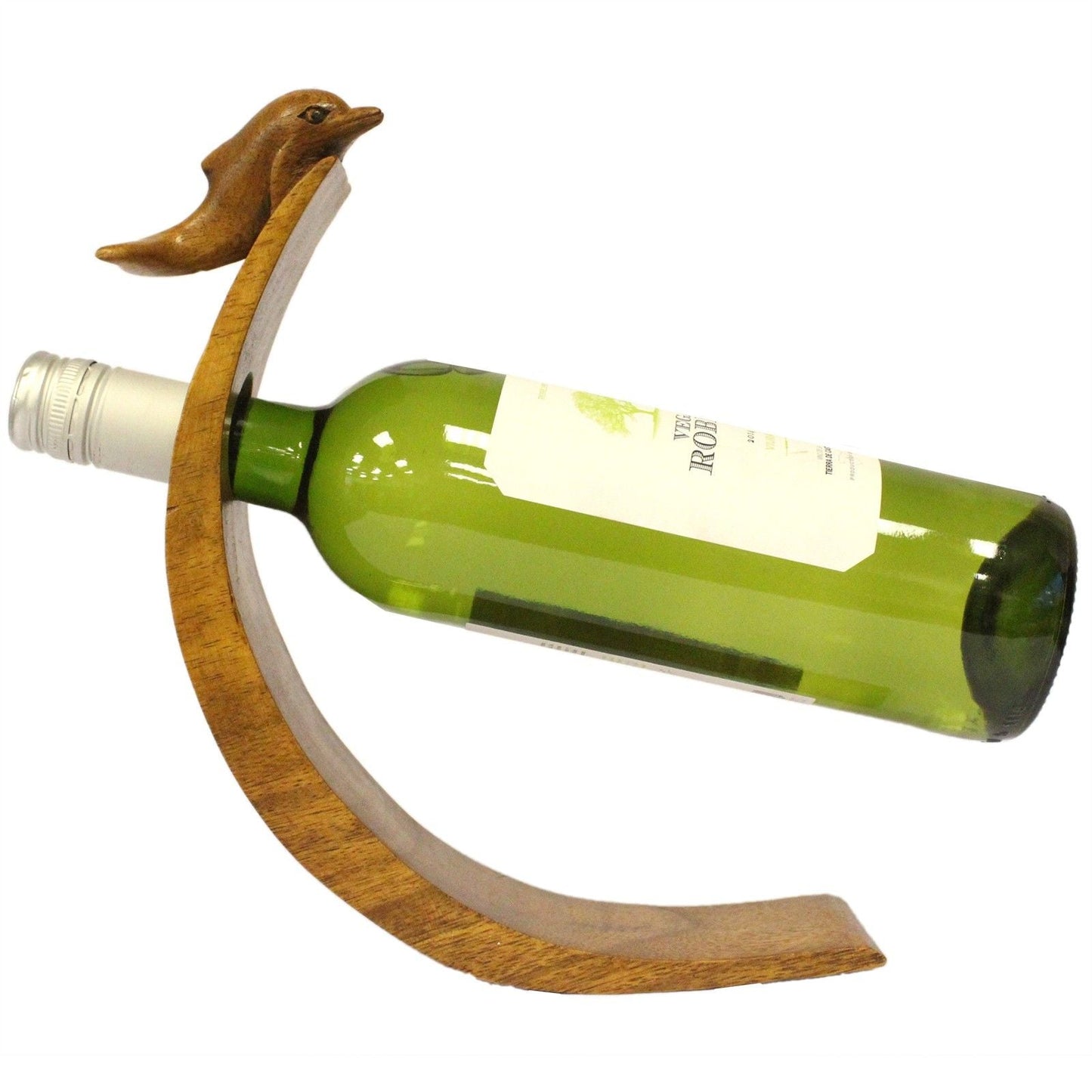 Alt-tag: Balance Bottle Holder – Delfin träbalanserad vinhållare med delfindesign, flytande flaskdisplay
