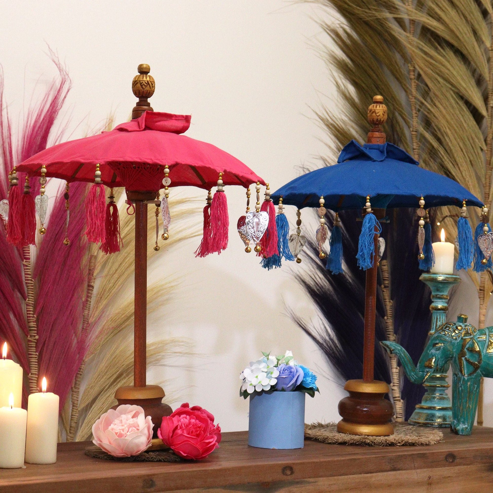 Cotton Bali Decor Parasol – Turquoise 40CM, parasol decorativo de algodón con borlas, madera Dorran y estructura de aluminio en interior