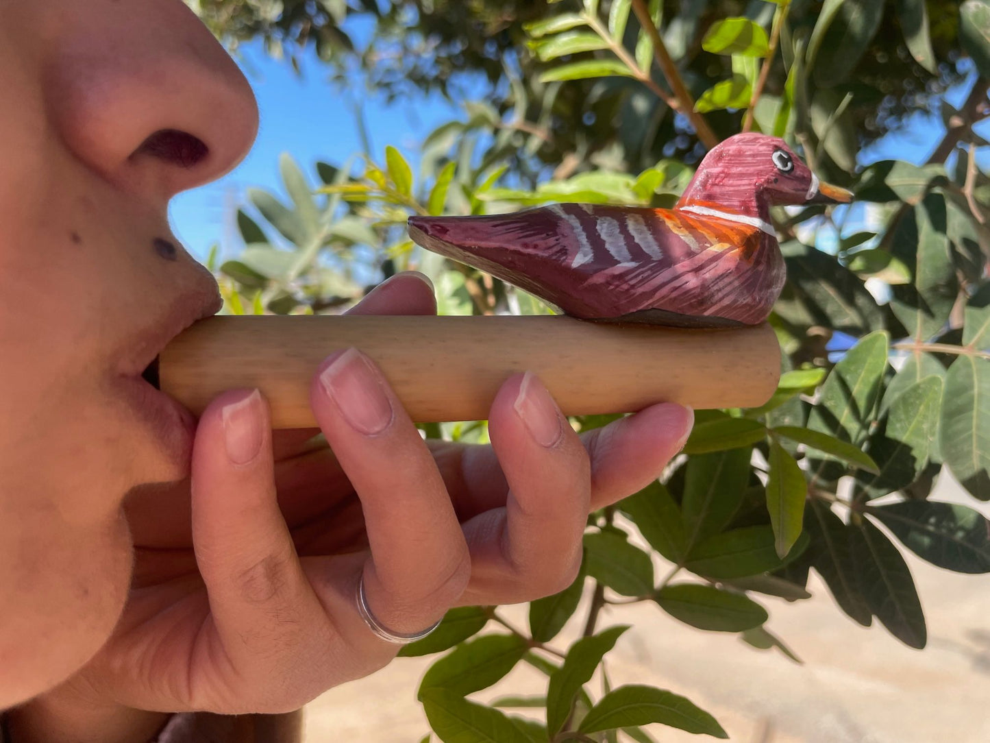 Alt Tag: Bamboo Bird Whistle – 15.5x1.5 CM, persona soplando silbato de bambú con figura de ave tallada al aire libre