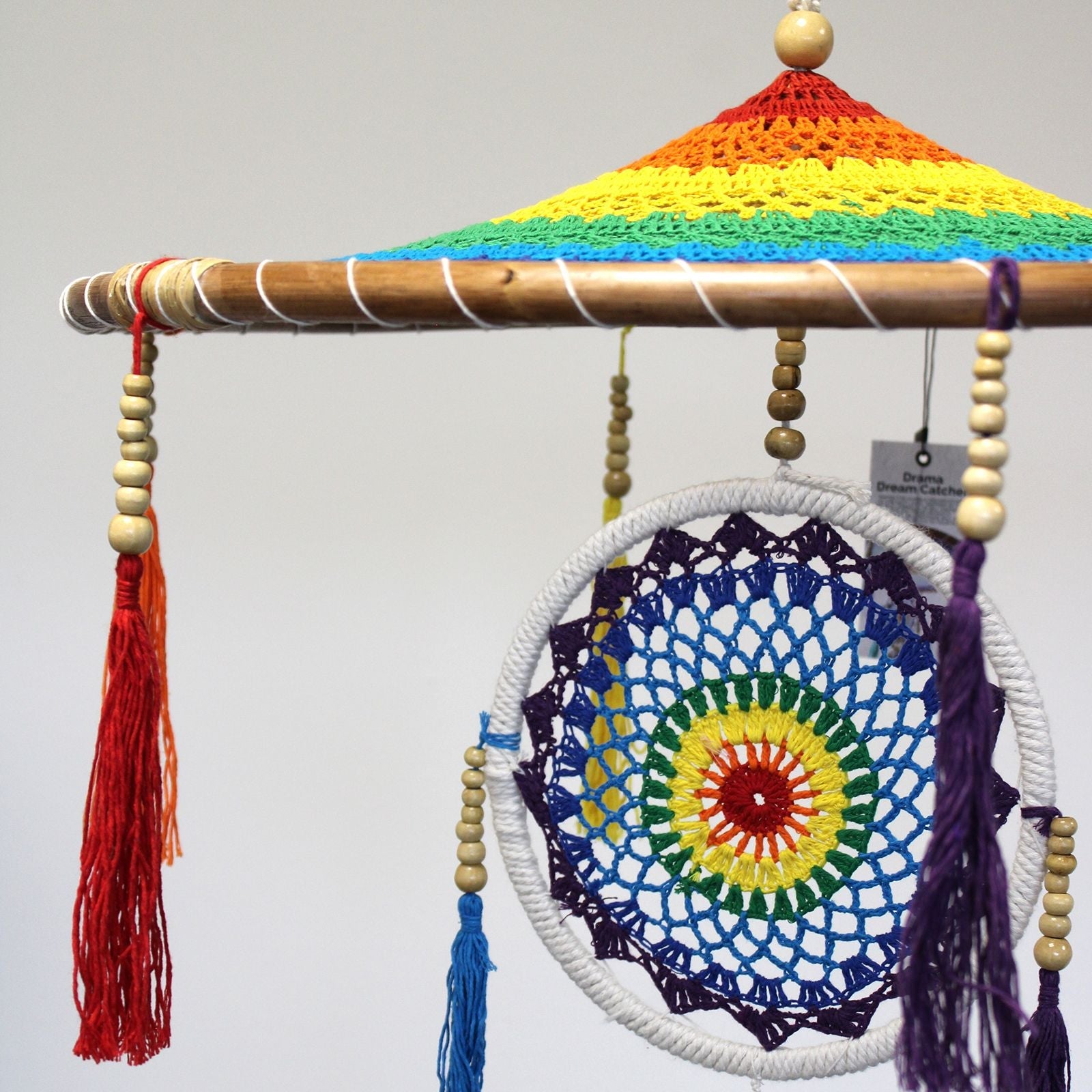Bamboo Cotton Dreamcatcher – 120x45 CM Vivid Rainbow handmade rainbow crochet canopy with bamboo rod, cotton web ring and tassels