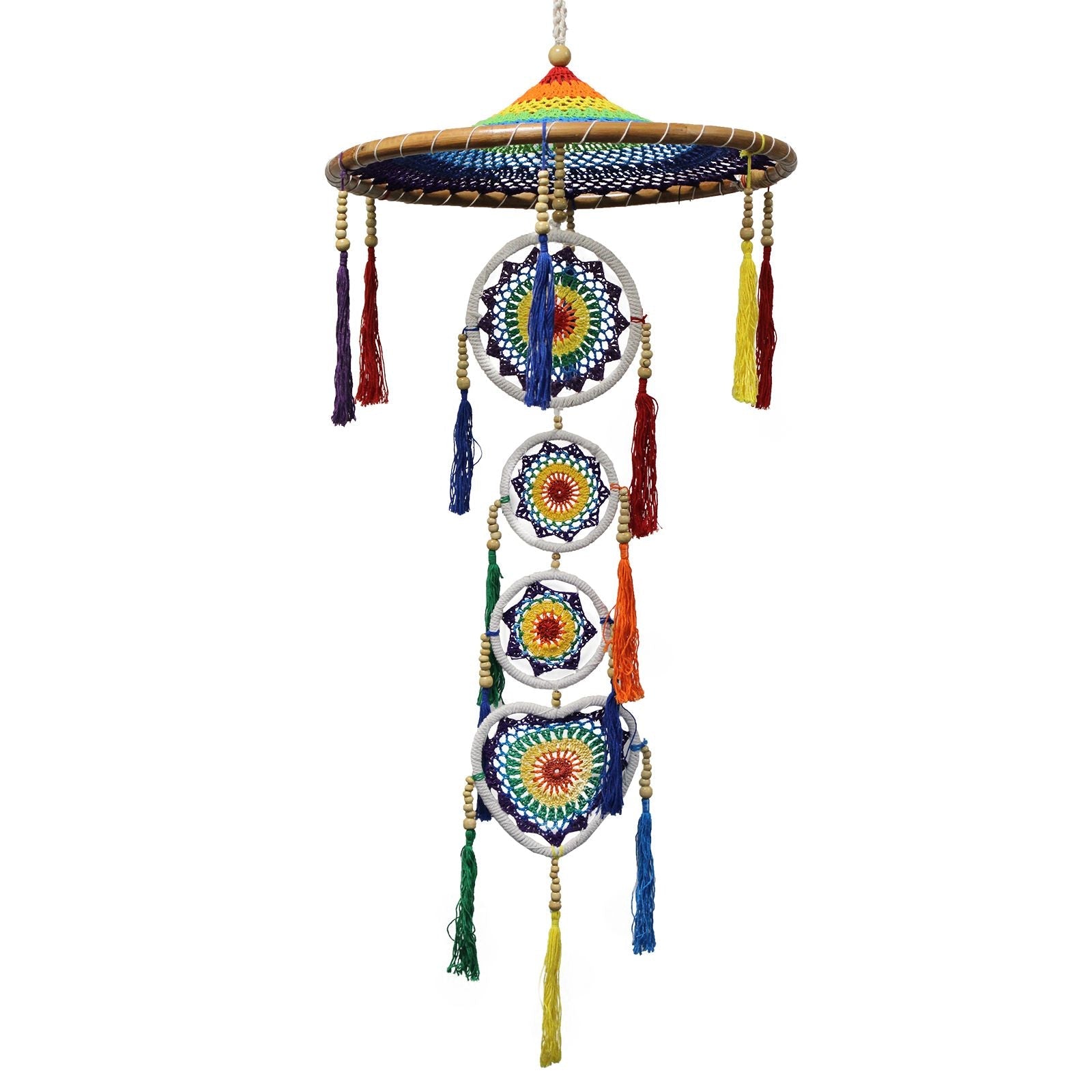 Alt Tag: Bamboo Cotton Dreamcatcher – 120x45 CM Vivid Rainbow handcrafted bamboo and cotton hanging decor with rainbow crochet circles and tassels