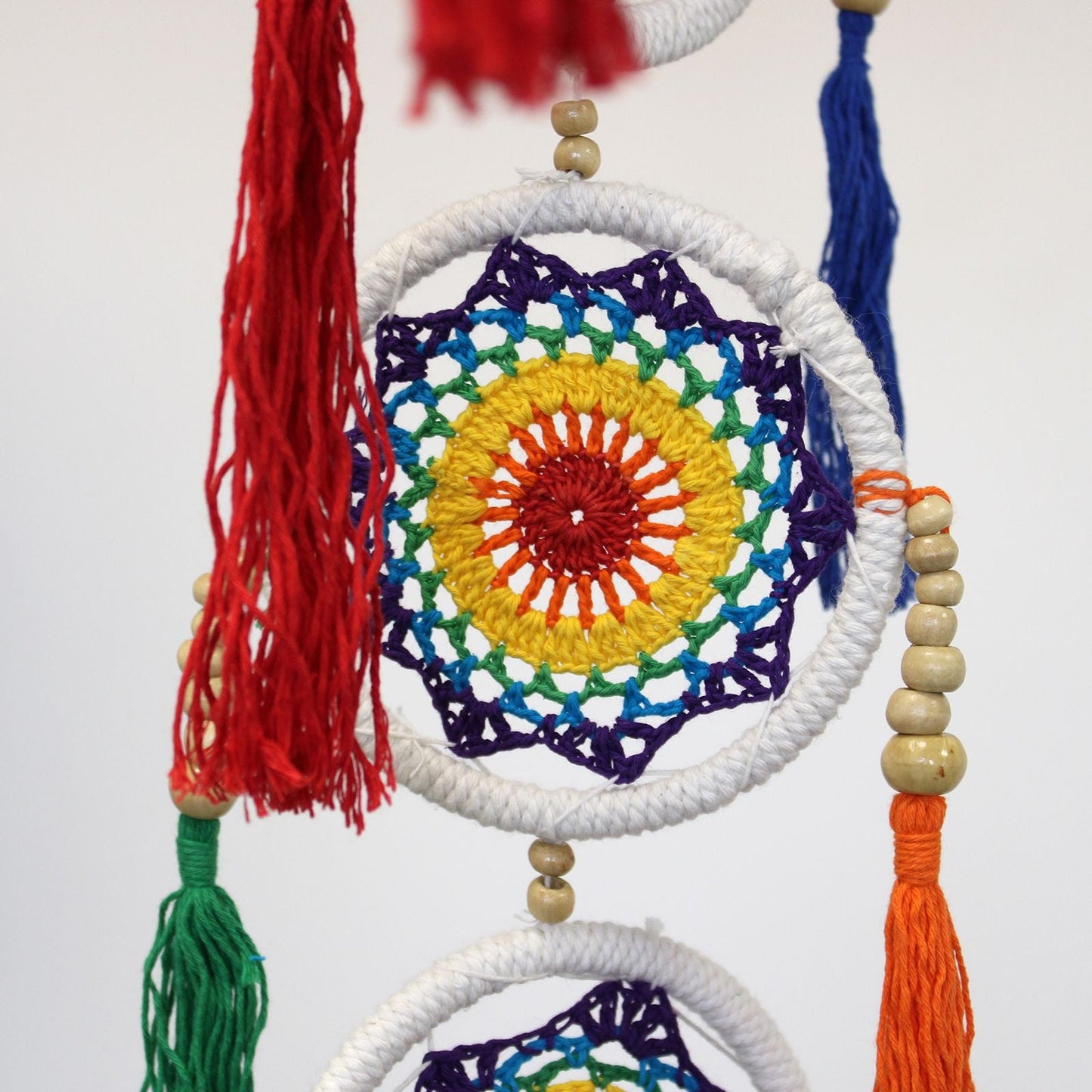 Bamboo Cotton Dreamcatcher – 120x45 CM Vivid Rainbow with handcrafted rainbow crochet web, bamboo hoops and colorful cotton tassels