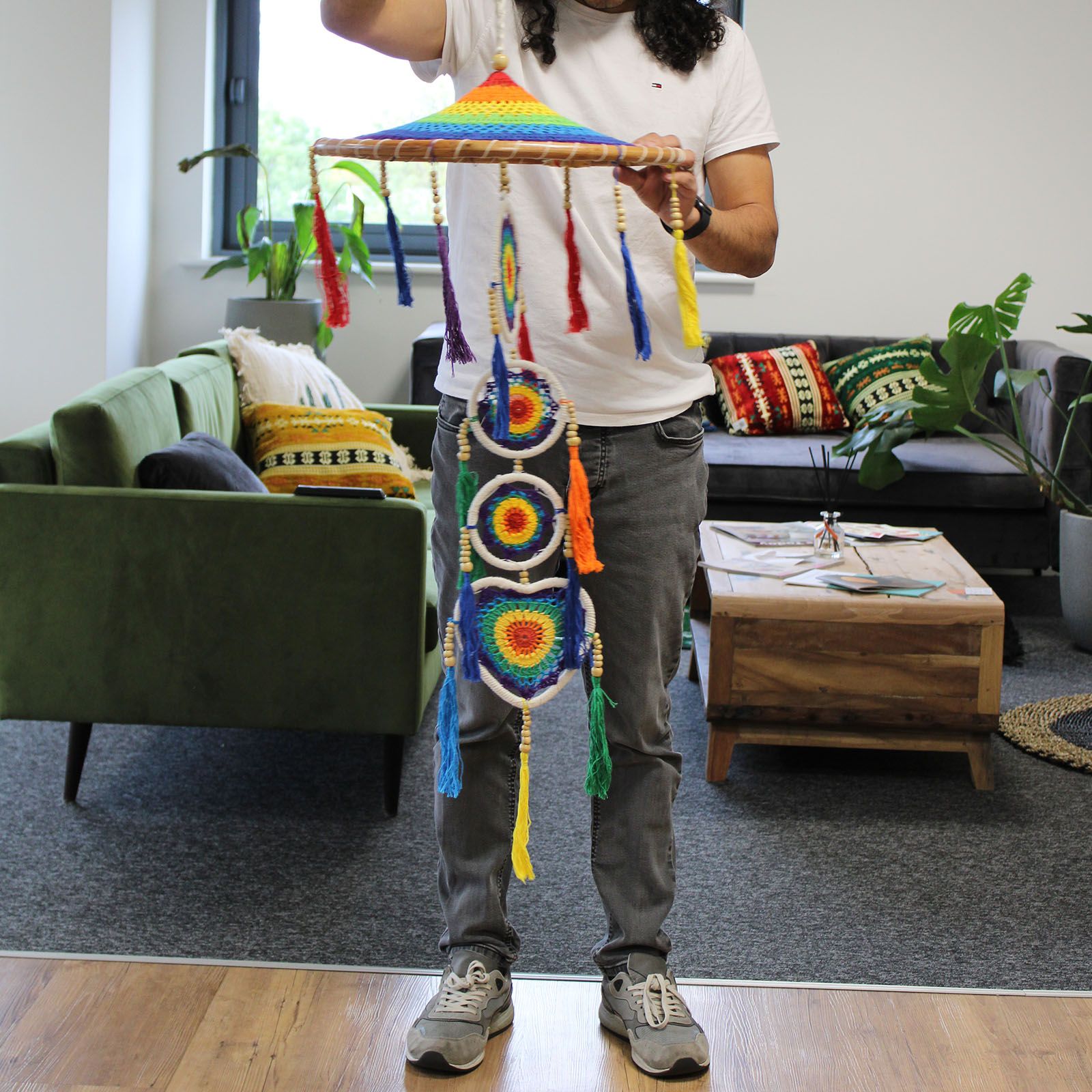Bamboo Cotton Dreamcatcher – 120x45 CM Vivid Rainbow handmade Indonesian bamboo and cotton rainbow dreamcatcher wall hanging