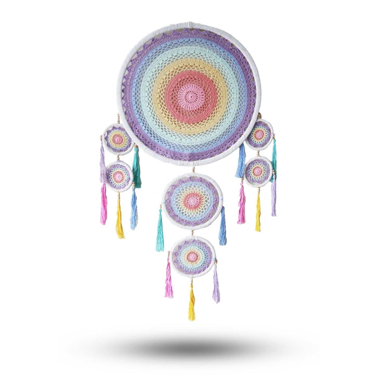 Bamboo & Cotton Dreamcatcher – 55CM Pastel Rainbow, atrapasueños artesanal de bambú y algodón con diseño arcoíris pastel y borlas
