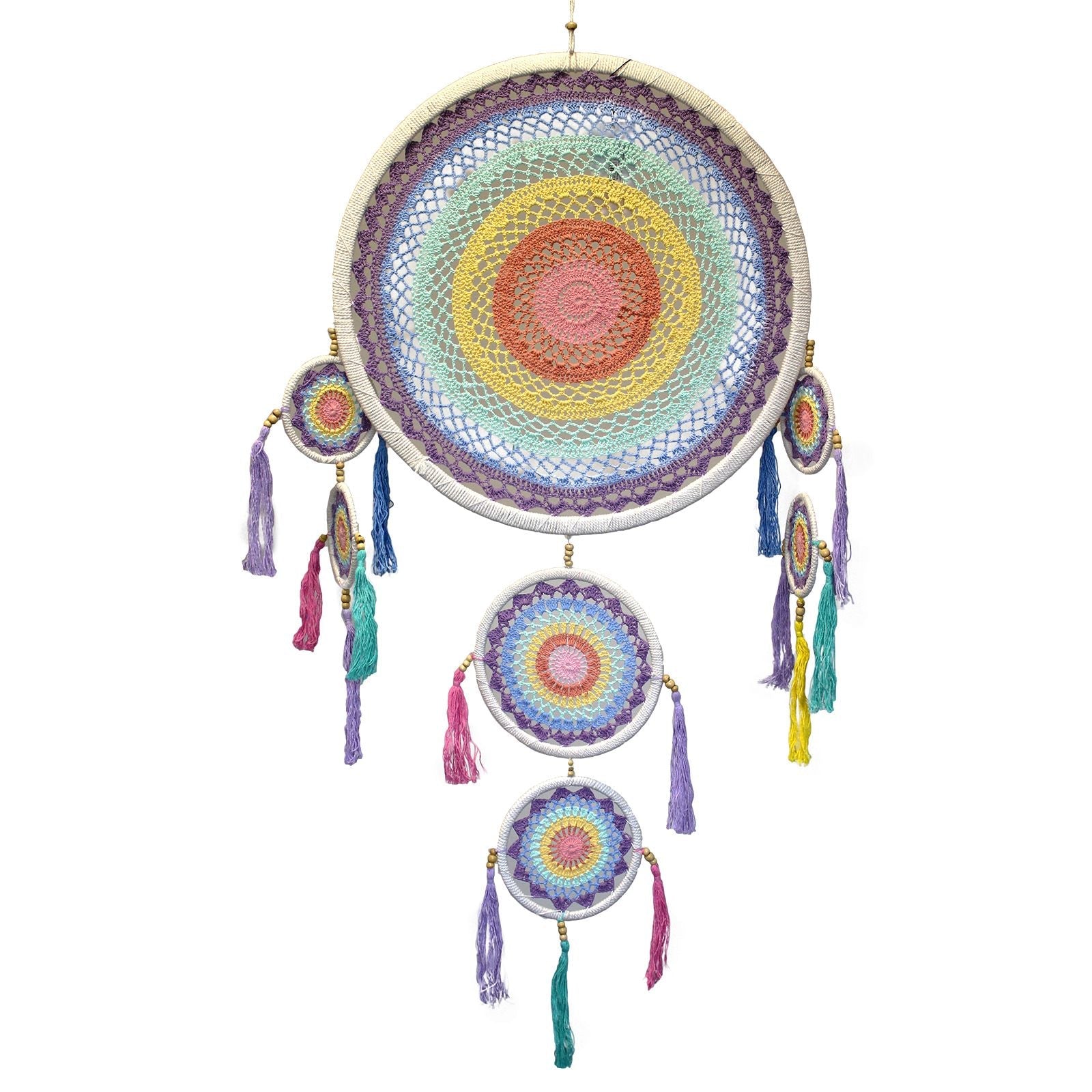 Bamboo & Cotton Dreamcatcher – 55CM Pastel Rainbow pastel rainbow woven dreamcatcher with tassels, handcrafted bamboo and cotton wall decor