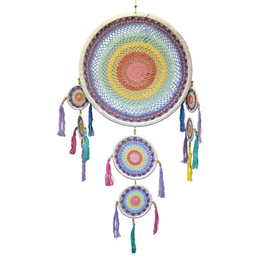 Bamboo & Cotton Dreamcatcher – 55CM Pastel Rainbow pastel rainbow woven dreamcatcher with tassels, handcrafted bamboo and cotton wall decor