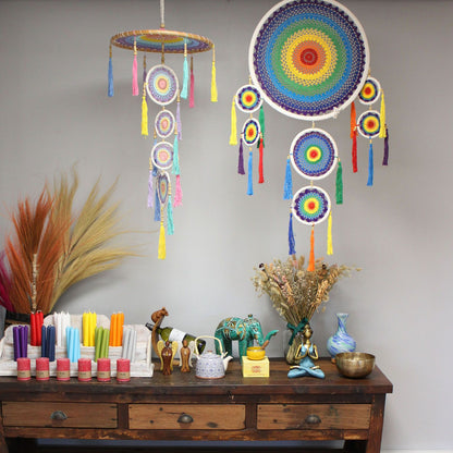 Bamboo & Cotton Rainbow Dreamcatcher – 125CM colgante artesanal multicolor con aros tejidos y borlas decorativas en pared
