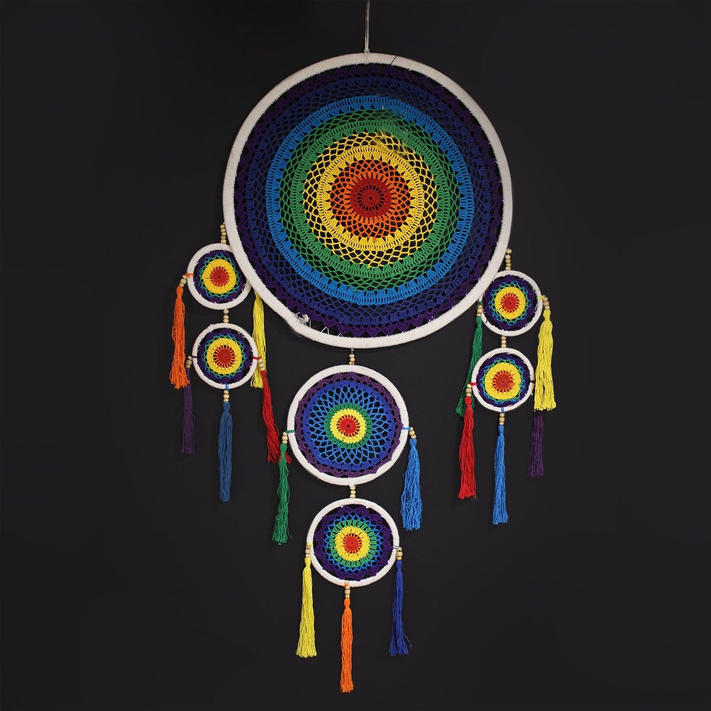 Bamboo & Cotton Rainbow Dreamcatcher – 125CM with handmade bamboo hoops, crochet rainbow center and multicolor tassels