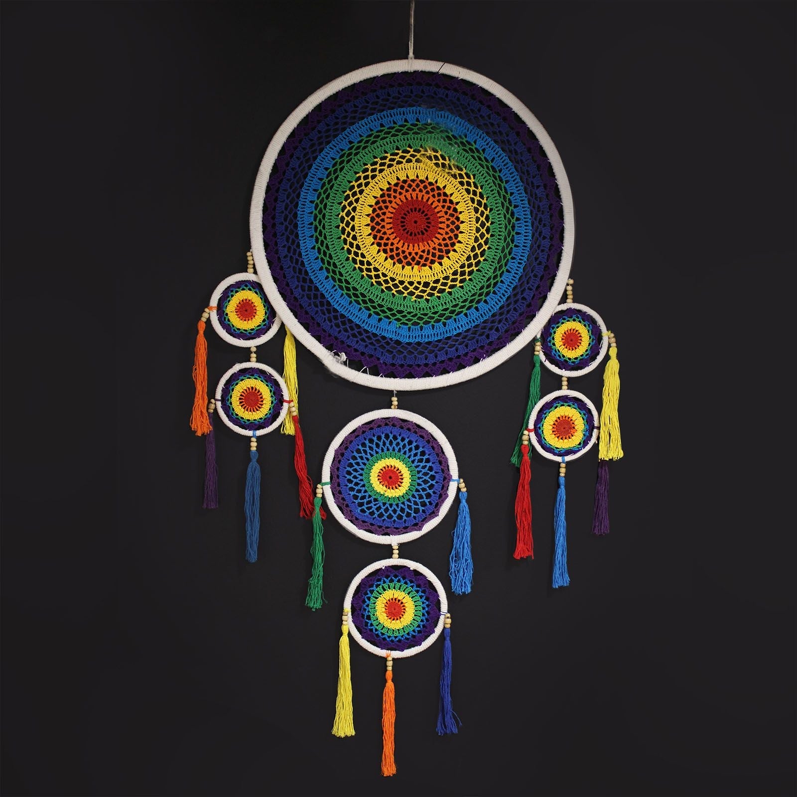 Bamboo & Cotton Rainbow Dreamcatcher – 125CM with handmade bamboo hoops, crochet rainbow center and multicolor tassels