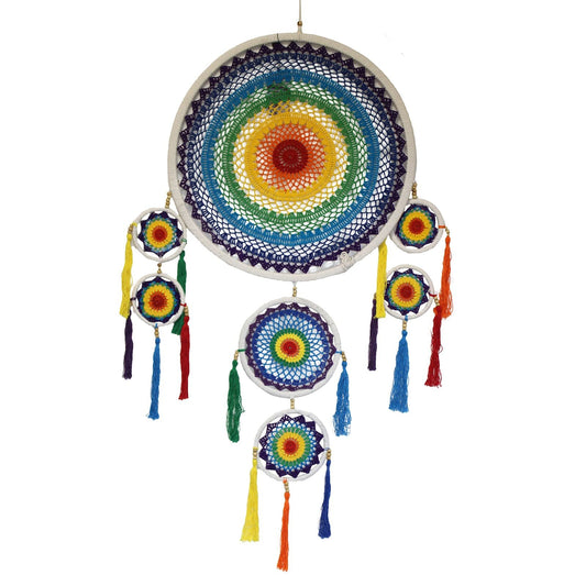 Bamboo & Cotton Rainbow Dreamcatcher – 125CM, handmade rainbow crochet with bamboo hoop and multicolor tassels, wall hanging decor