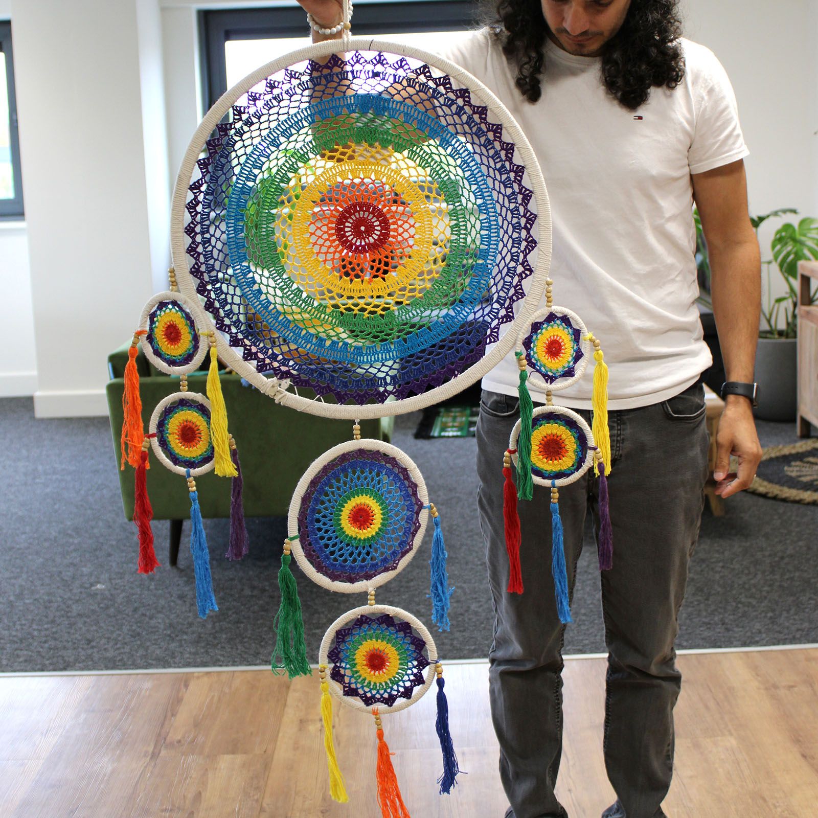 Alt Tag: Bamboo & Cotton Rainbow Dreamcatcher – 125CM handcrafted rainbow crochet dreamcatcher with bamboo ring and colorful tassels