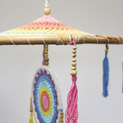 Alt Tag: Bamboo & Cotton Rainbow Dreamcatcher – 140 CM close-up of bamboo hoop with pastel crochet top, beads and pink tassel