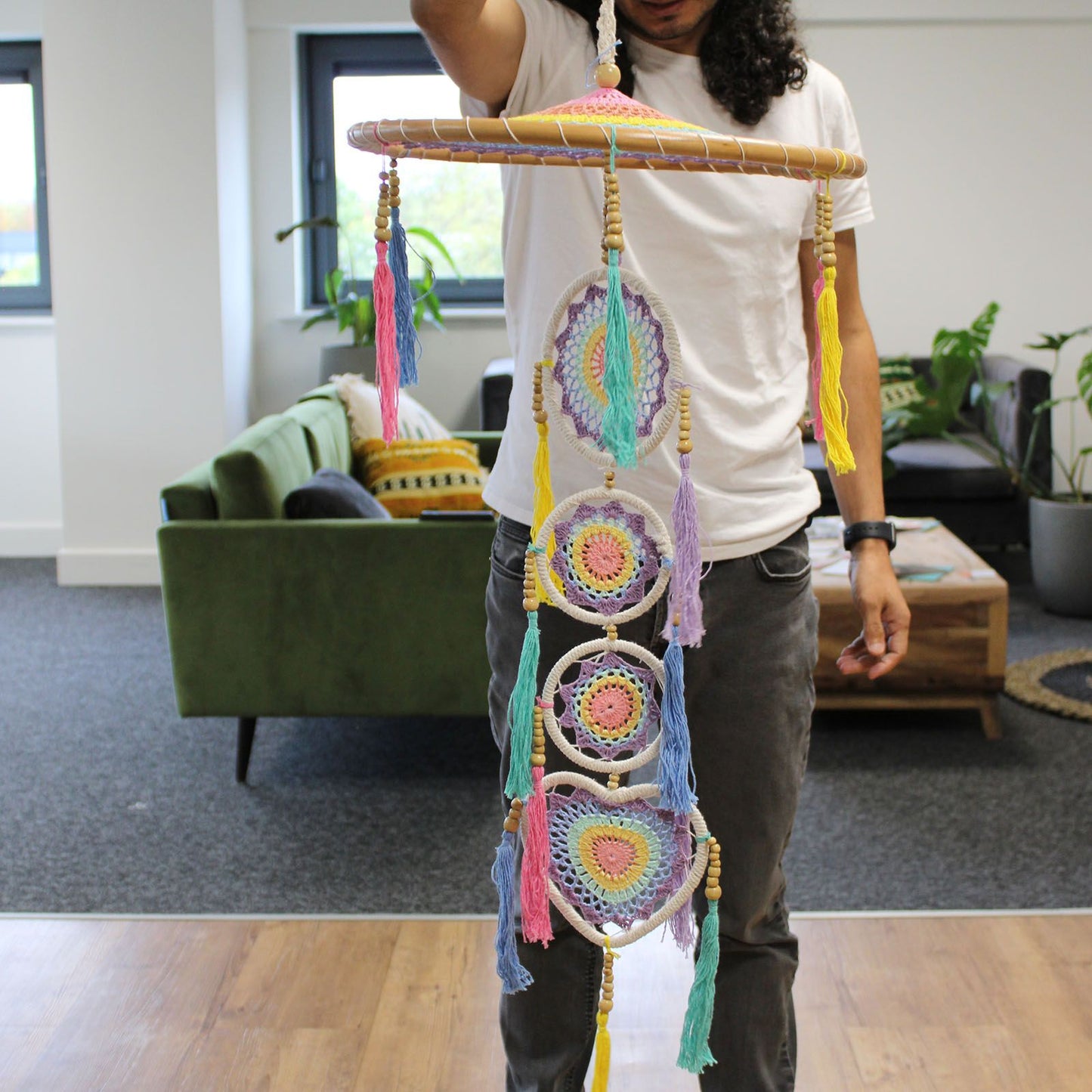 Bamboo & Cotton Rainbow Dreamcatcher – Large 120CM, pastel rainbow multi-hoop hanging decor with bamboo ring and cotton tassels