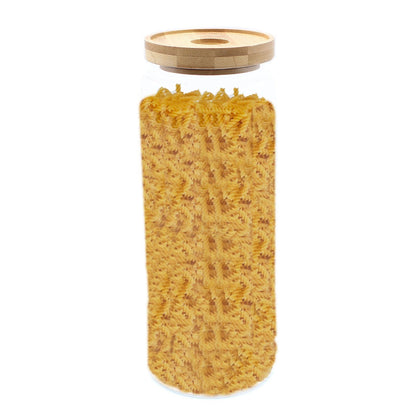 Vorratsglas aus Borosilikatglas mit Bambusdeckel – 20 cm hohes Glas, gefüllt mit trockenen Fusilli-Nudeln, 20 cm hoch