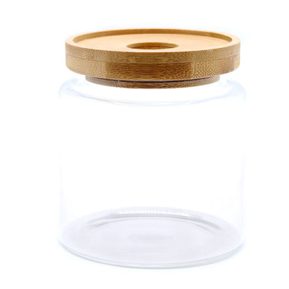 Alt-Tag: Glas-Aufbewahrungsglas mit Bambusdeckel – 10 CM aus transparentem Glas mit Bambusdeckel, ideal zum Aufbewahren von Lebensmitteln oder kleinen Gegenständen