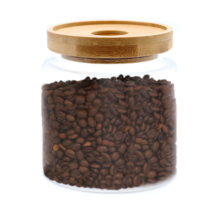 Alt-Tag: Glas-Aufbewahrungsdose mit Bambusdeckel – 10 CM aus Glas mit Bambusdeckel, Aufbewahrungsdose für Kaffeebohnen