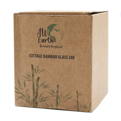Vorratsglas mit Bambusdeckel – 10 CM Verpackungsbox mit All Earth Logo und Bambus-Illustration