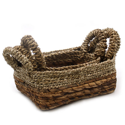 Banana Leaf & Seagrass Basket Set – 3 Sizes handwoven rectangular storage basket with braided handles, natural two-tone texture