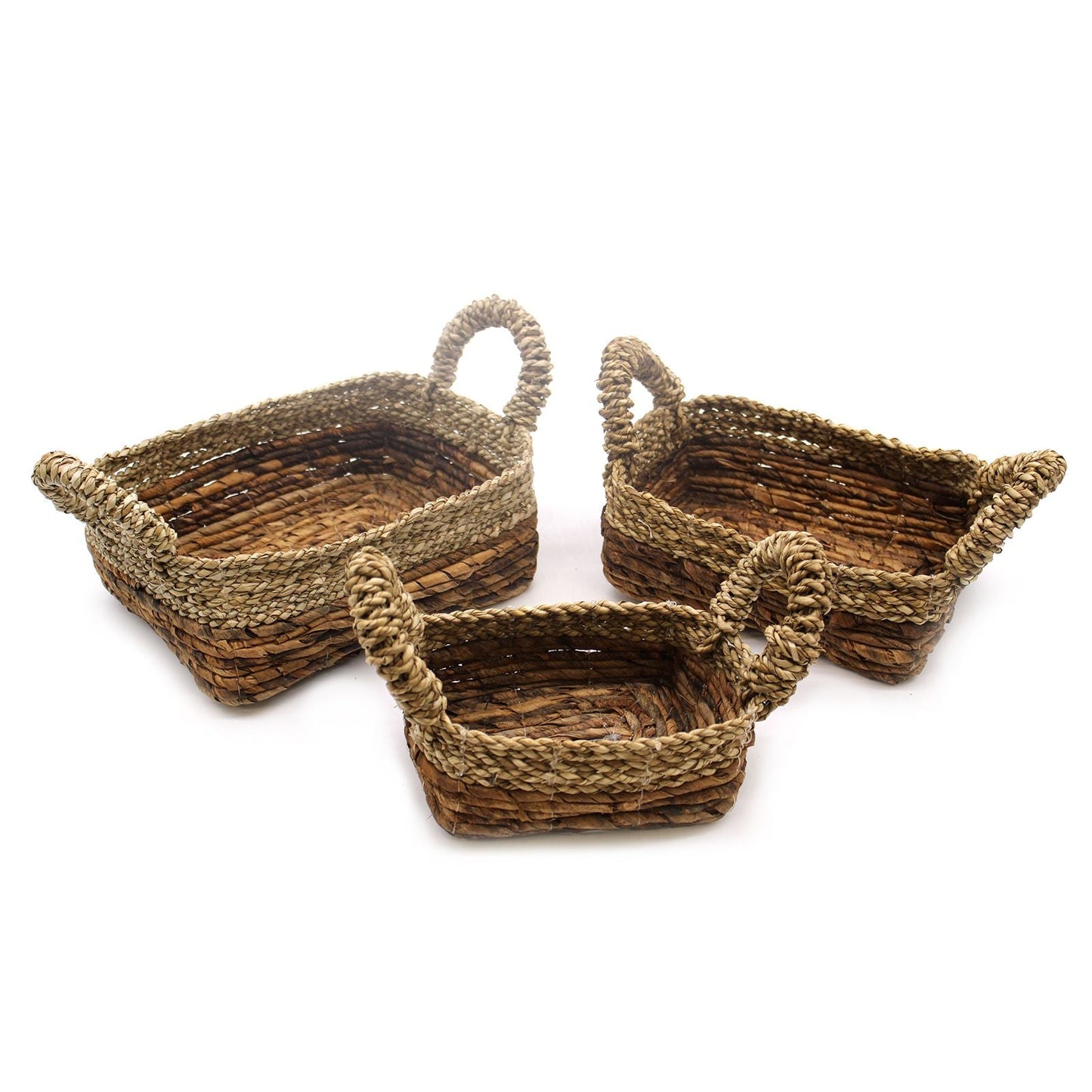 Alt Tag: Banana Leaf & Seagrass Basket Set – 3 Sizes, set of 3 handwoven storage baskets in natural tones with handles