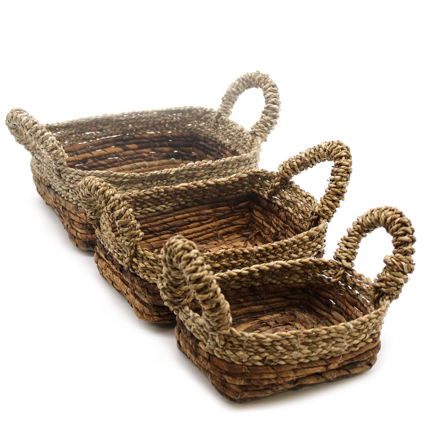 Alt Tag: Banana Leaf & Seagrass Basket Set – 3 Sizes, set of three handwoven natural storage baskets with handles
