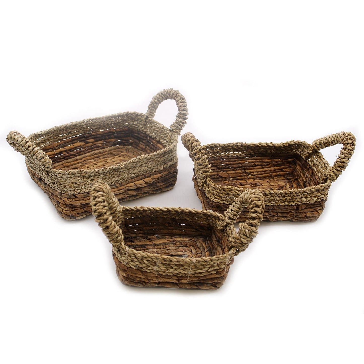 Alt Tag: Banana Leaf & Seagrass Basket Set – 3 Sizes, set of 3 handwoven rectangular baskets with handles for natural home storage