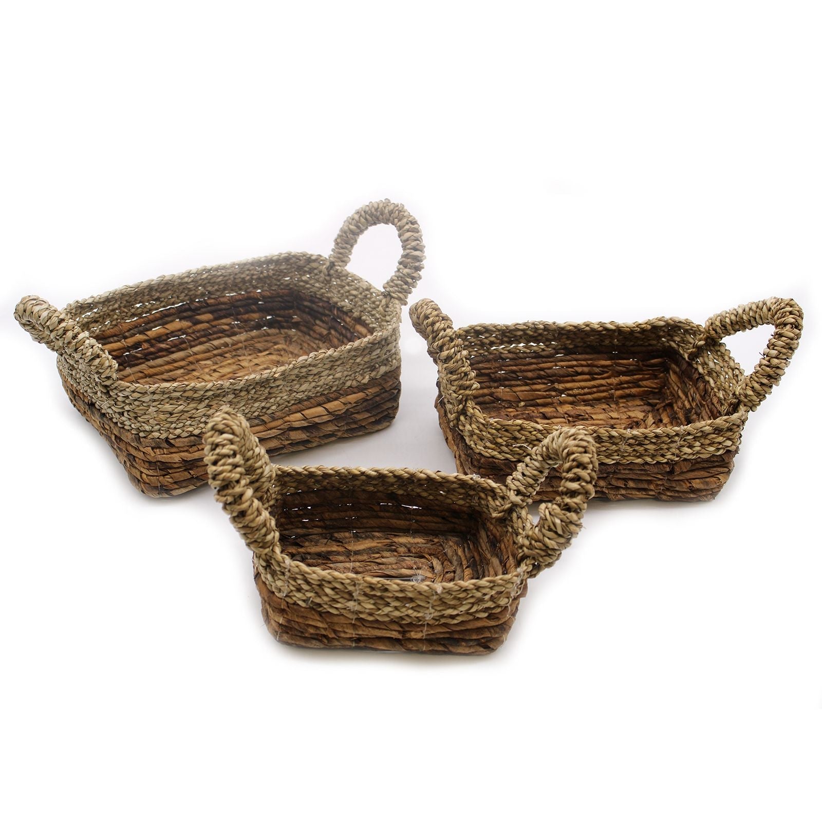 Alt Tag: Banana Leaf & Seagrass Basket Set – 3 Sizes, set of 3 handwoven rectangular baskets with handles for natural home storage