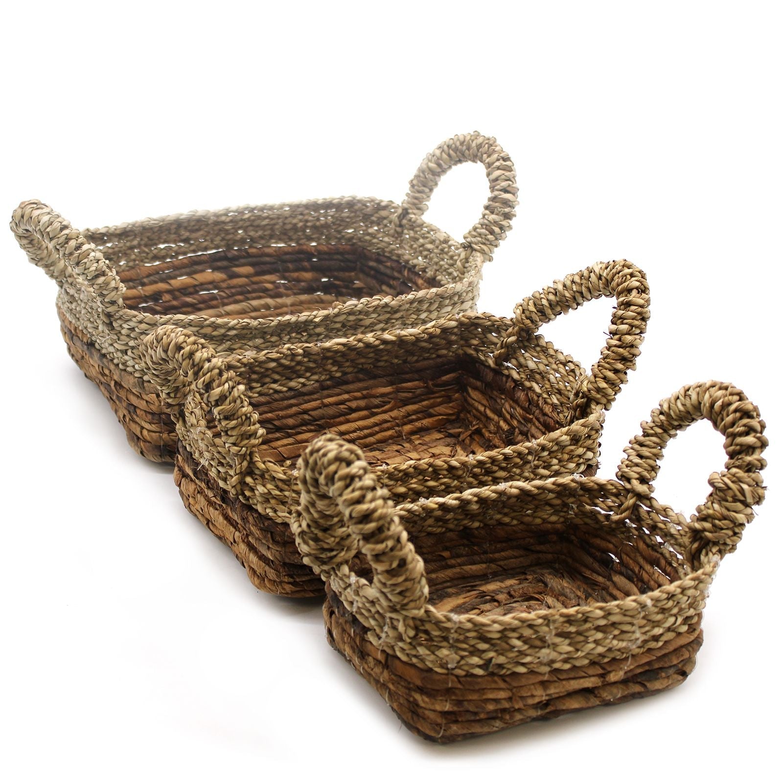 Alt Tag: Banana Leaf & Seagrass Basket Set – 3 Sizes, set of three handwoven rectangular baskets with handles for natural home storage