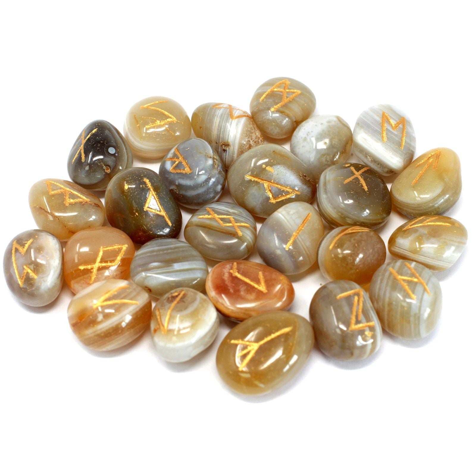 Banded Agate Rune Stone Set – 11x9 CM piedras rúnicas de ágata bandeada con símbolos grabados en dorado, set para adivinación