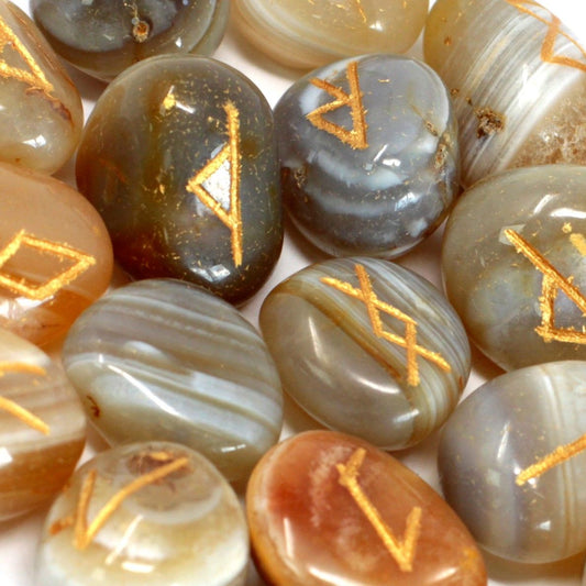 Alt Tag: Banded Agate Rune Stone Set – 11x9 CM with engraved gold rune symbols on polished banded agate stones