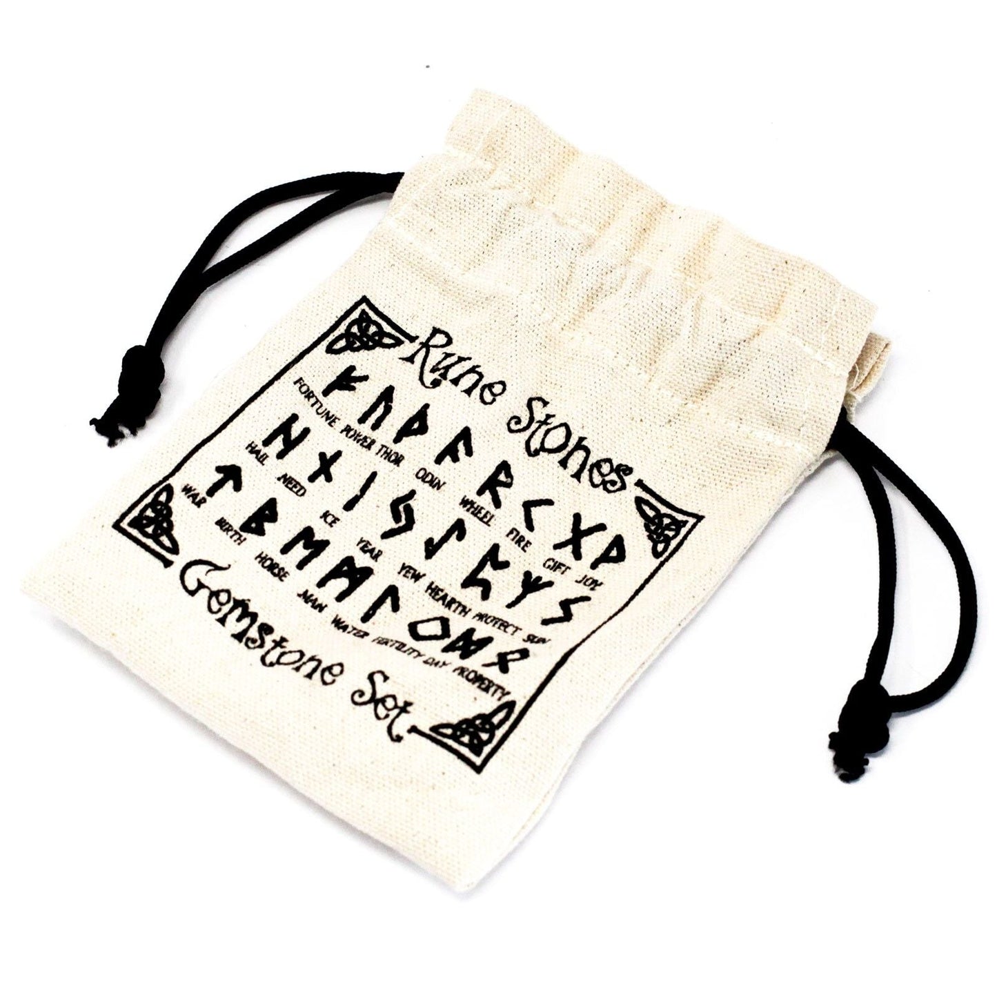 Banded Agate Rune Stone Set – 11x9 CM cotton drawstring pouch with printed rune stones chart, natural fabric bag