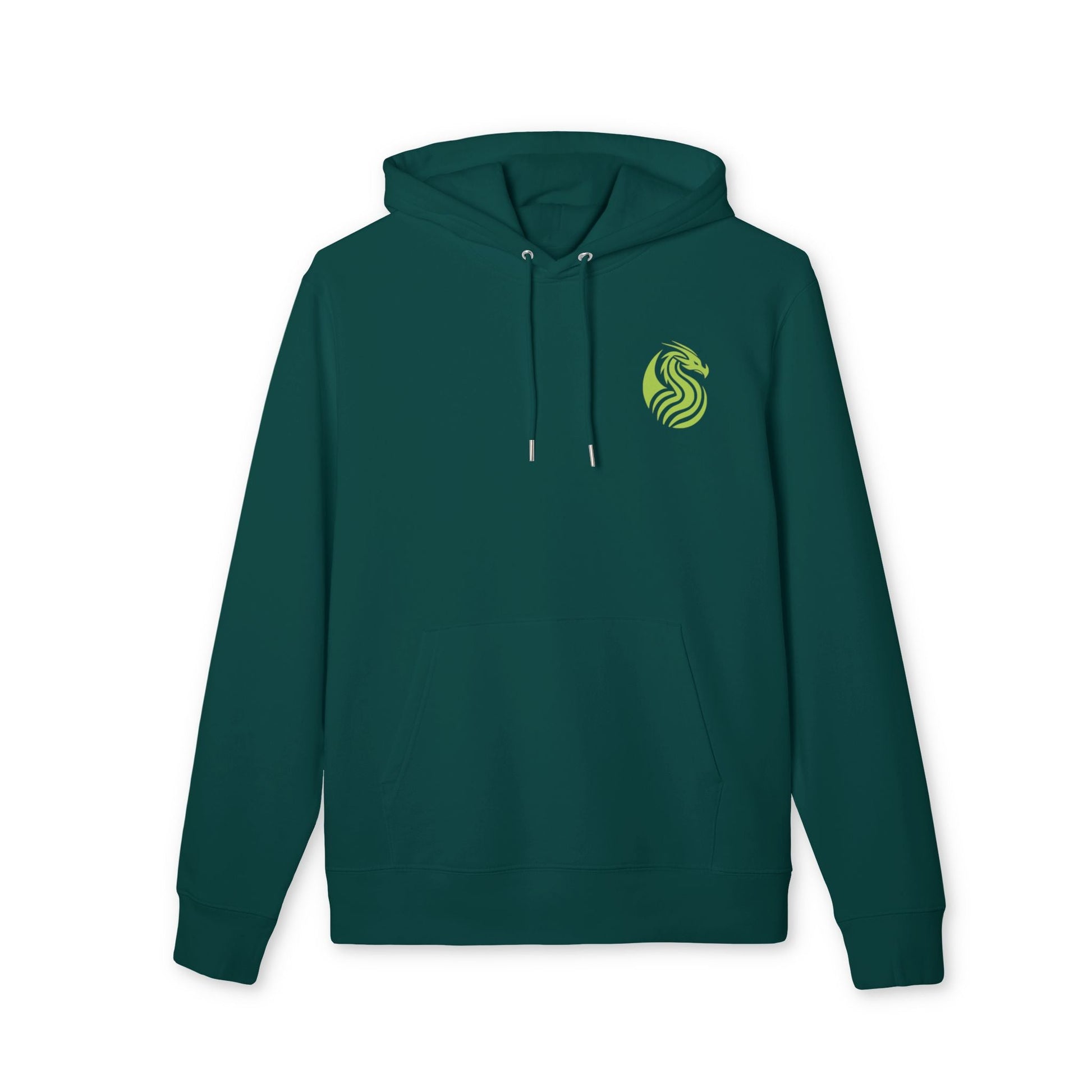 Alt Tag: Barrio Sangre Ritmo Drix Collection Sudadera sostenible Unisex con capucha verde azulado con capucha y cordones, logo amarillo en el pecho