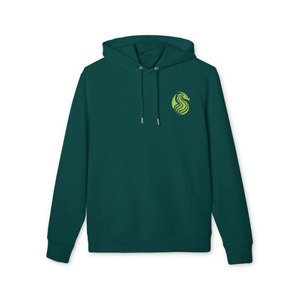 Alt Tag: Barrio Sangre Ritmo Drix Collection Sudadera sostenible Unisex con capucha verde azulado con capucha y cordones, logo amarillo en el pecho