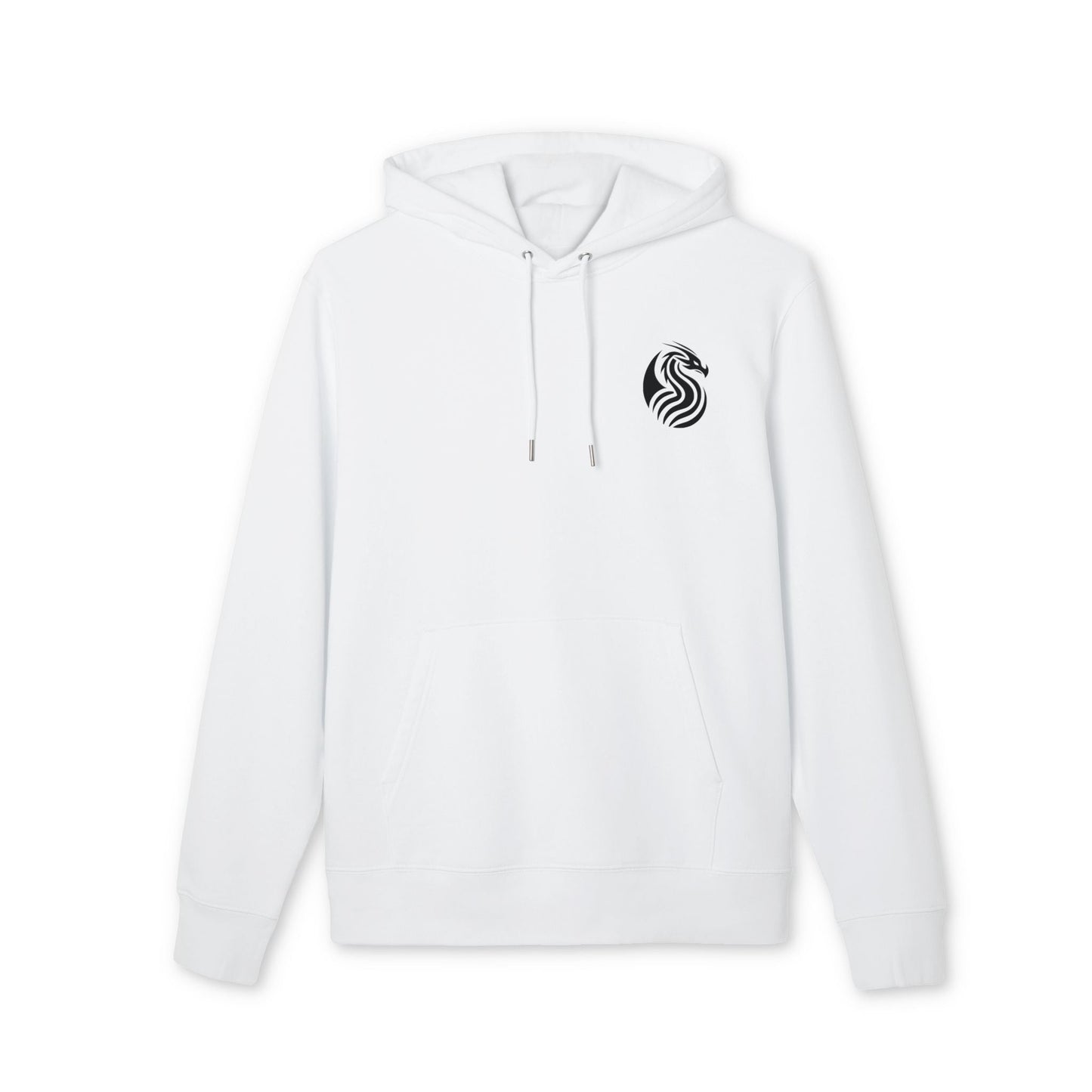 Alt Tag: Sudadera con capucha Sustainable Unisex de la colección Barrio Sangre Ritmo Drix, blanca de algodón orgánico, con capucha y cordones, logo negro en el pecho